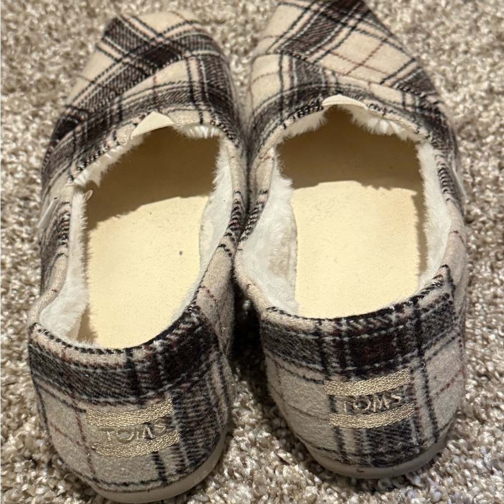 TOMS Cream and Brown Plaid Slip-Ons